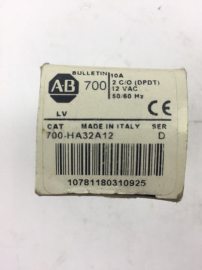 ALLEN BRADLEY 700-HA32A12 RELAY 10A 2 C/O (DPDT) 12 VAC 50/60HZ SERIES D