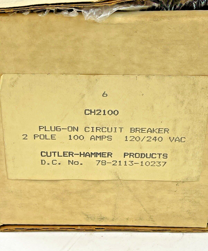 CUTLER-HAMMER *BOX OF 6* - CH2100 - 100A, 2 POLE, 120/240 VAC CIRCUIT BREAKERS