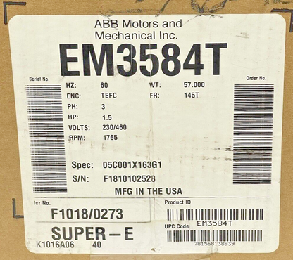 BALDOR - EM3584T - GP Motor -1.5 Hp 3 Phase 230/460V 1765 RPM 145t Frame SUPER-E