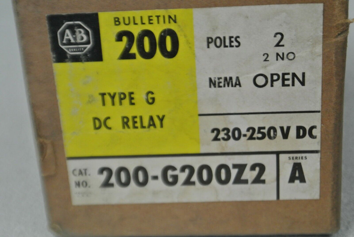 ALLEN-BRADLEY 200-G200Z2 / TYPE G DC RELAY / 230-250VDC / NEW SURPLUS