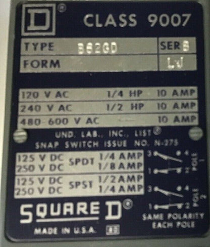 SQUARE D CLASS 9007 B62GD  SER.B HEAVY DUTY LIMIT SWITCH