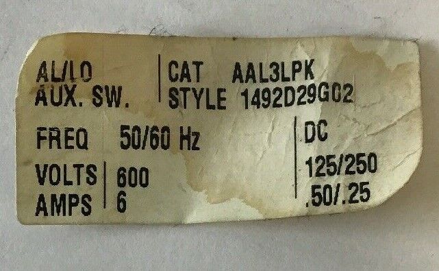 WESTINGHOUSE AAL3LPK AUX. SWITCH 6A 600V 50/60HZ 125/250VDC 1492D29G02