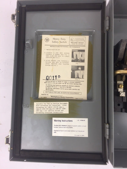 WESTINGHOUSE JHU221 HEAVY DUTY SAFETY SWITCH 240 VAC 250 VDC 30 AMP