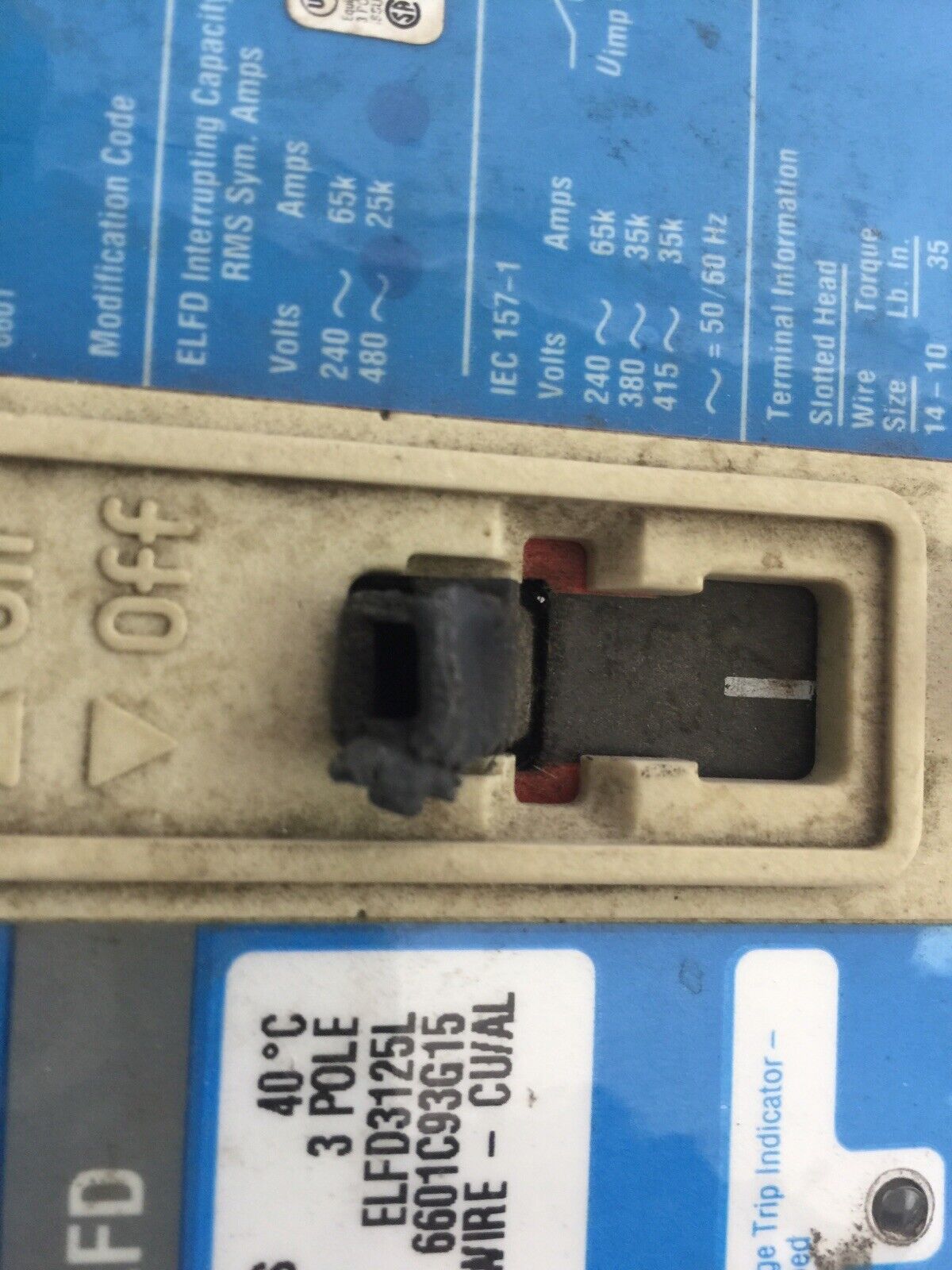 CUTLER HAMMER ELFD3125L CIRCUIT BREAKER SER C 125A 480VAC 3P ELD143 GROUND FAULT