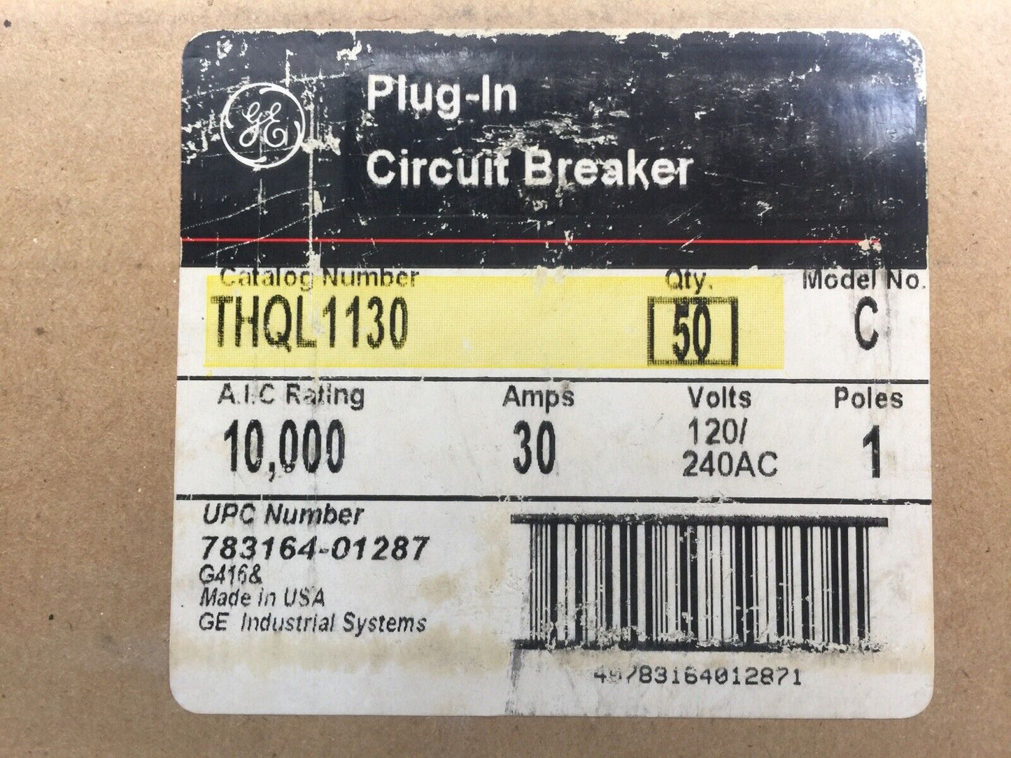 GE THQL1130 PLUG-IN CIRCUIT BREAKER 30A 120/240VAC 1POLE MODEL NO. C (BOX OF 50)