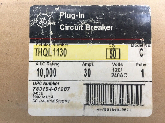 GE THQL1130 PLUG-IN CIRCUIT BREAKER 30A 120/240VAC 1POLE MODEL NO. C (BOX OF 50)