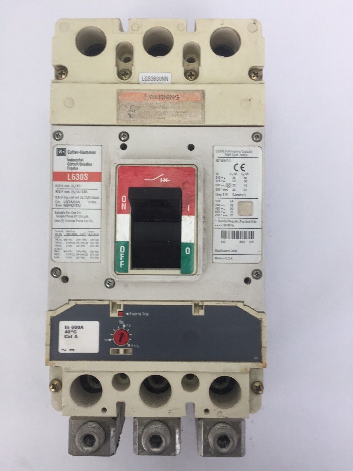 CUTLER HAMMER LGS3630NN INDUSTRIAL CIRCUIT BREAKER 600A 600VAC 250VDC 3POLE