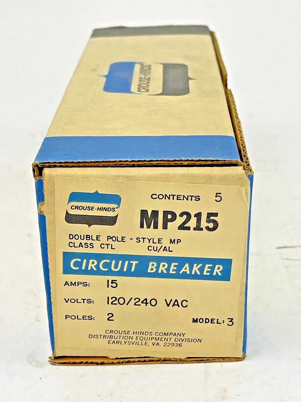 CROUSE-HINDS *BOX OF 5* - MP215 - 2 POLE, 15 A, 240 VAC CIRCUIT BREAKER