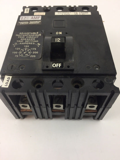 SQUARE D FAL3601212T THERMAL MAGNETIC CIRCUIT BREAKER 600 VAC 12 AMP 3 POLE