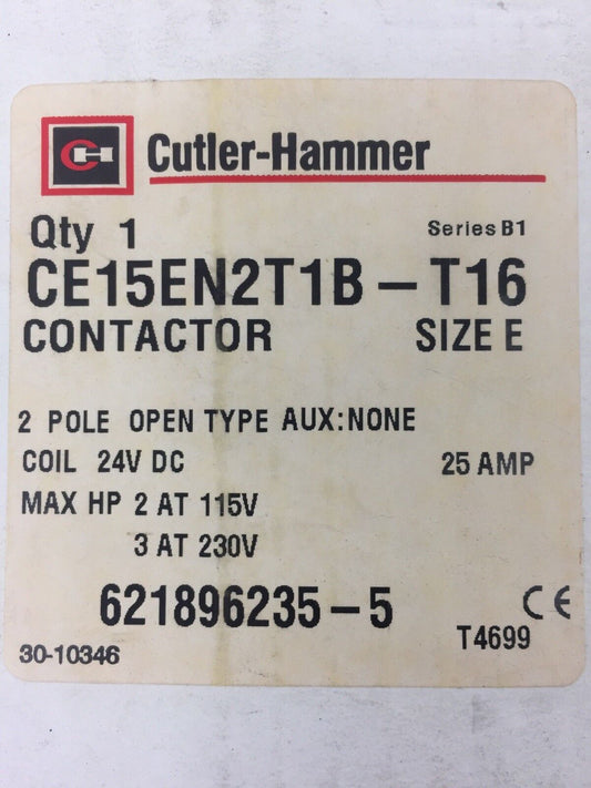 CUTLER HAMMER CE15EN2T1B-T16 CONTATOR 2 POLE OPEN TYPESIZE E COIL 24 VDC 25 AMP