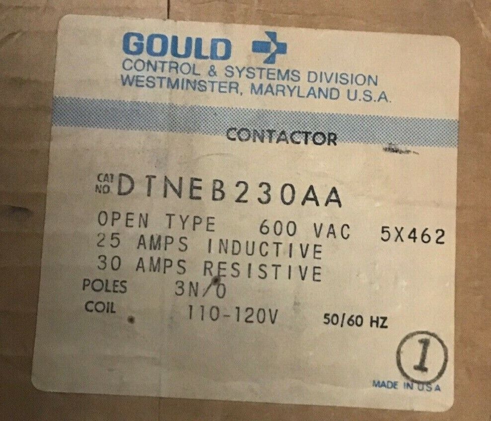 GOULD DTNEB230AA CONTACTOR 600VAC 25AMP INDUC./30AMP RESIS. 3POLE COIL 110-120V