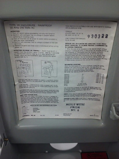 WESTINGHOUSE RHFN321 SAFETY SWITCH 30A, 240V, 3P FUSIBLE, TYPE 3R RAINPROOF, NEW