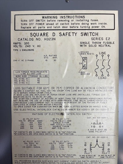 SQUARE D H323N SAFETY SWITCH 240VAC 100A FUSIBLE 30HP SER E2