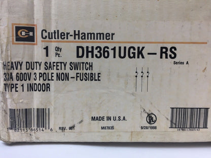 CUTLER HAMMER DH361UGK-RS HEAVY DUTY SAFETY SWITCH 30A 600V 3 POLE NON-FUSIBLE