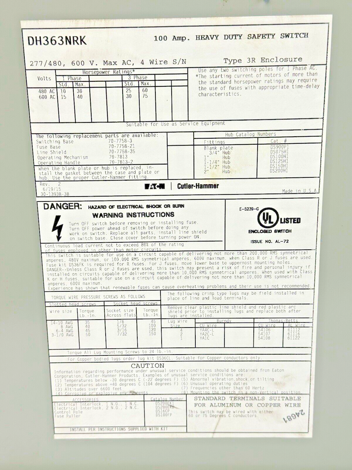 EATON - DH363NRK -  RAINPROOF FUSIBLE SAFETY SWITCH - 100A/600VAC/3 POLE/TYPE 3R