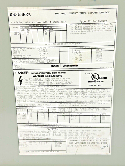 EATON - DH363NRK -  RAINPROOF FUSIBLE SAFETY SWITCH - 100A/600VAC/3 POLE/TYPE 3R