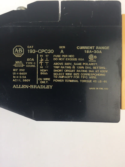 ALLEN BRADLEY 193-CPC30 OVERLOAD RELAY 18-30A