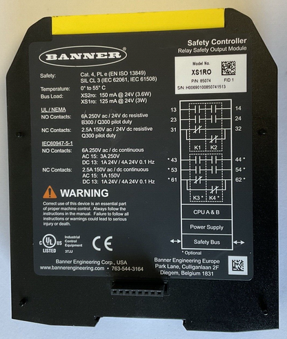 BANNER XS1RO SAFETY CONTROLLER 250VAC 24VDC 6A RELAY SAFETY OUTPUT MODULE