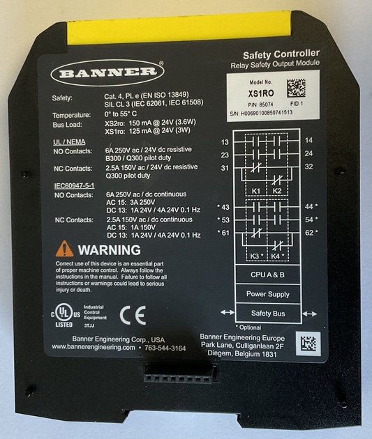 BANNER XS1RO SAFETY CONTROLLER 250VAC 24VDC 6A RELAY SAFETY OUTPUT MODULE