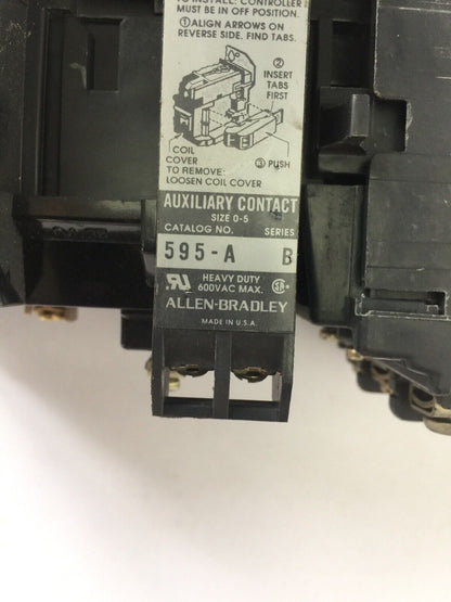 ALLEN BRADLEY 509-B0D SIZE 1 STARTER 600VAC 27AMP 10HP W53 HEATERS 120V COIL