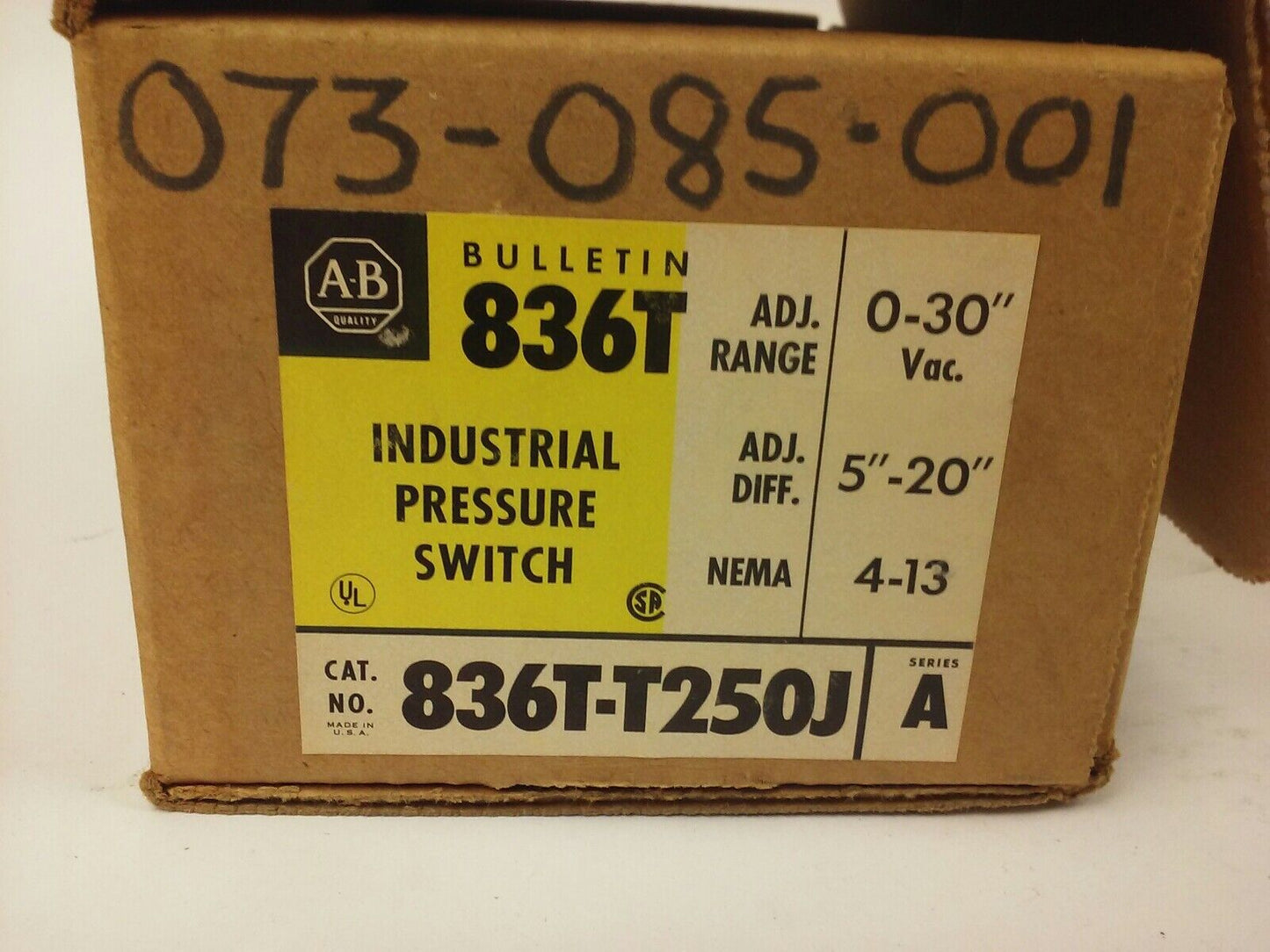 ALLEN BRADLEY 836T-T250J, SERIES A, INDUSTRIAL PRESSURE SWITCH, NEW