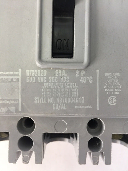 WESTINGHOUSE HFB2020 CIRCUIT BREAKER 20AMP 600VAC 250VDC 2P 4976D04G19