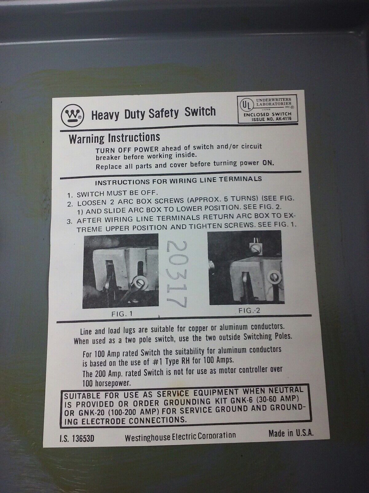 WESTINGHOUSE JHU361 H.D. SAFETY SWITCH NON FUSIBLE, 3PH, 30A, 600V, 20HP NEMA 12