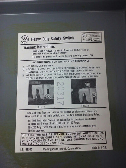 WESTINGHOUSE JHU361 H.D. SAFETY SWITCH NON FUSIBLE, 3PH, 30A, 600V, 20HP NEMA 12