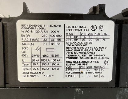 SIEMENS 3RT1045-1AB00 CONTACTOR 600V 24VDC 50HZ W/ 3RH1921-1HA22