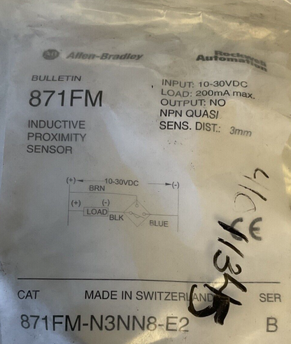 ALLEN BRADLEY 871FM-N3NN8-E2 INDUCTIVE PROXIMITY SENSOR 10-30VDC SER.B 3MM 200MA