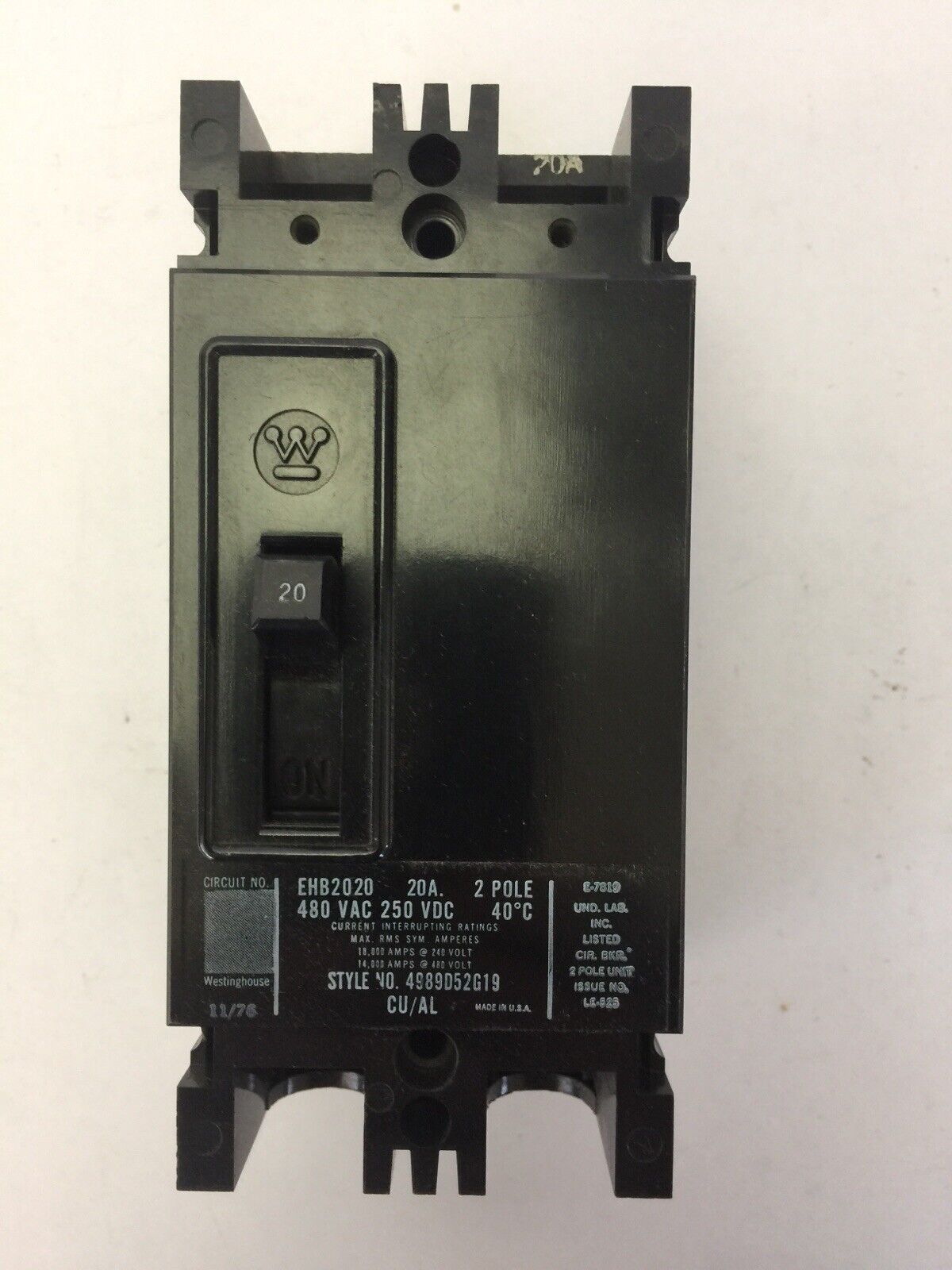 WESTINGHOUSE EHB2020 CIRCUIT BREAKER 20AMP 2POLE 480VAC 250VDC 4989D52G19