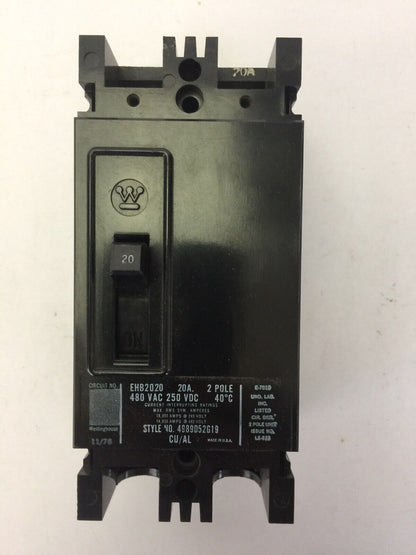 WESTINGHOUSE EHB2020 CIRCUIT BREAKER 20AMP 2POLE 480VAC 250VDC 4989D52G19