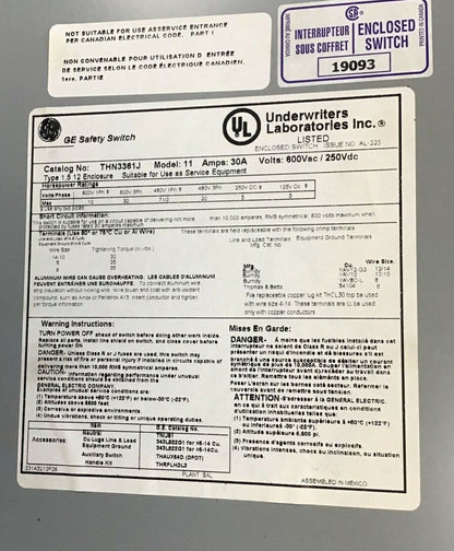 GENERAL ELECTRIC THN3361J SAFTEY SWITCH NON FUSIBLE 30A MODEL 11 600VAC/250VDC