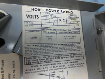 I-T-E V7B3211 VACU-BREAK PANELBOARD SWITCH UNIT 240V 30-30A