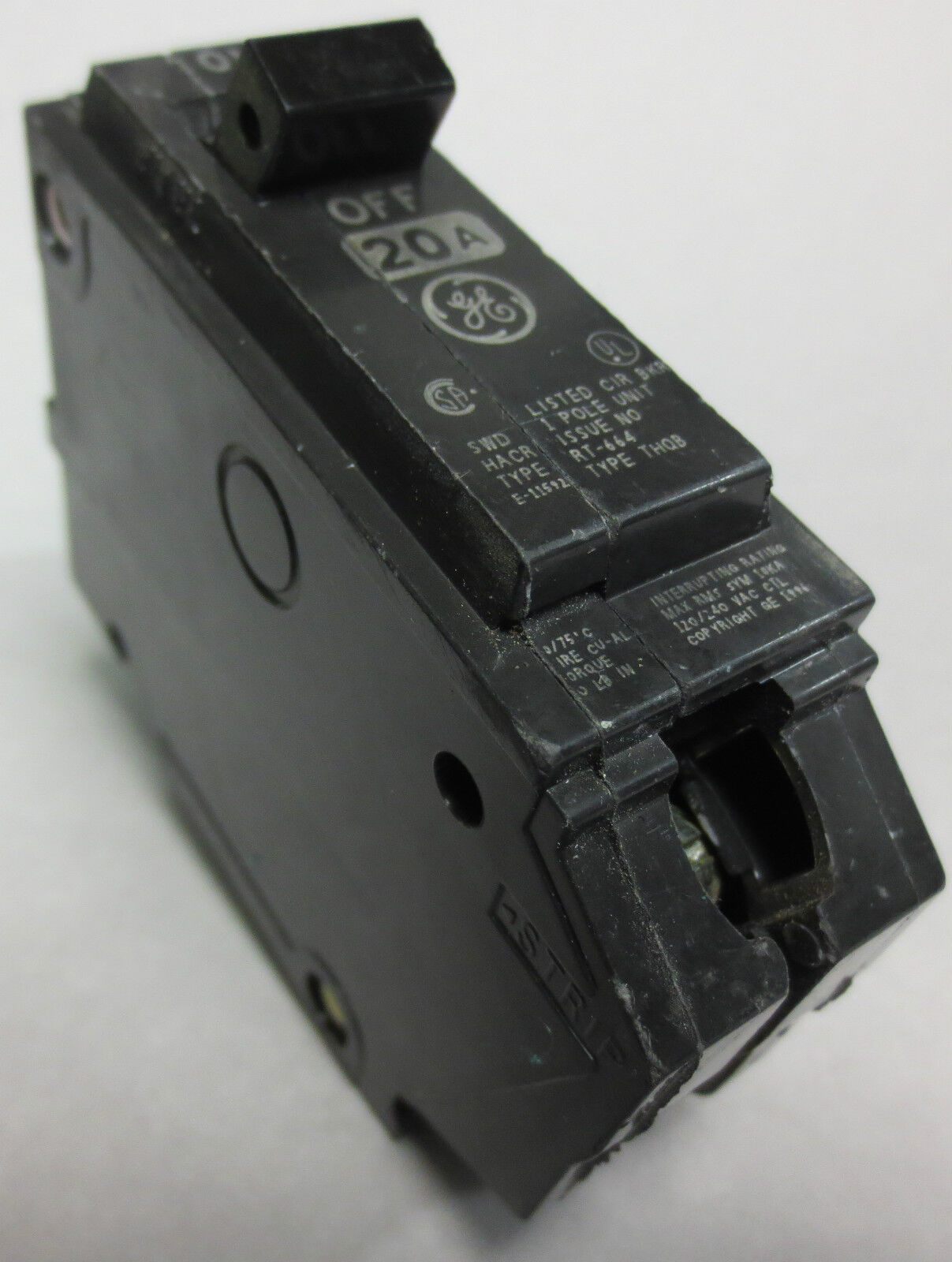 GENERAL ELECTRIC SWD HACR TYPE RT-664 / THQB 20A 1 POLE CIRCUIT BREAKER