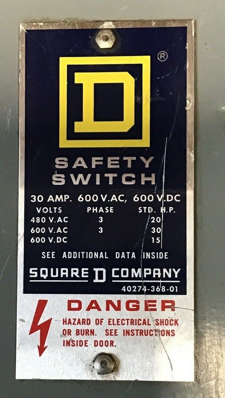 SQUARE D HU361 SAFETY SWITCH SER.E1 30A  NON FUSIBLE 600VAC/VDC 600VAC/VDC 30HP