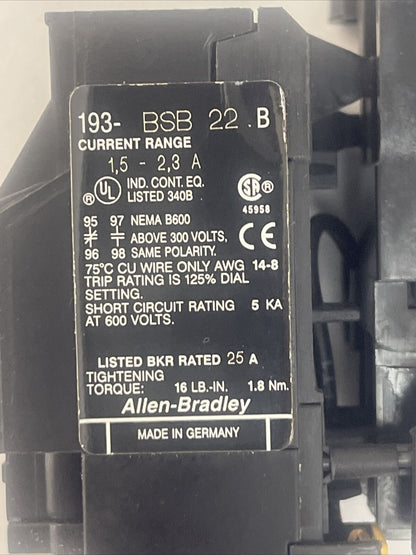ALLEN BRADLEY STARTER 100-A12ND3 SER B 600VAC 12A 10HP COIL 120V 60HZ 193-BSB 22