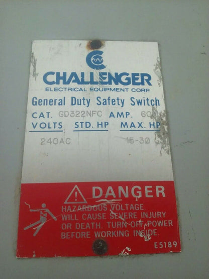 CHALLENGER GD322NFC NON-FUSIBLE SAFETY SWITCH 3PH 60A 240V 30HP TYPE 1 INDOOR
