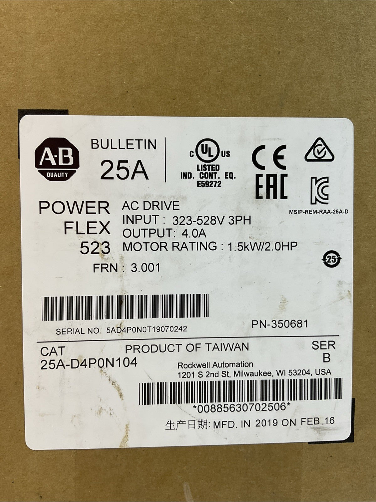 ALLEN BRADLEY 25A-D4P0N104 SER B FRN 3.001 POWER FLEX 523 AC DRIVE 1.5kW 2.0HP