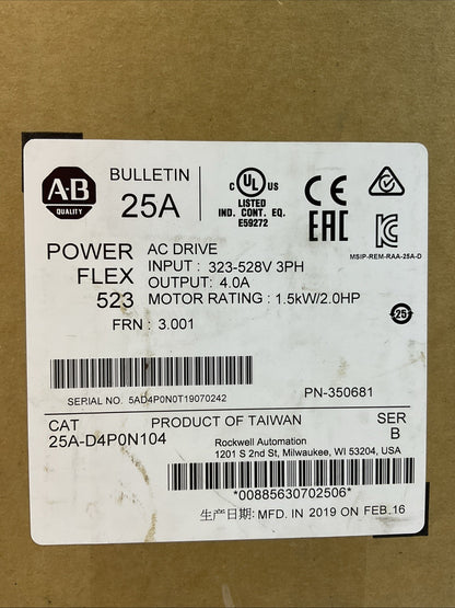 ALLEN BRADLEY 25A-D4P0N104 SER B FRN 3.001 POWER FLEX 523 AC DRIVE 1.5kW 2.0HP
