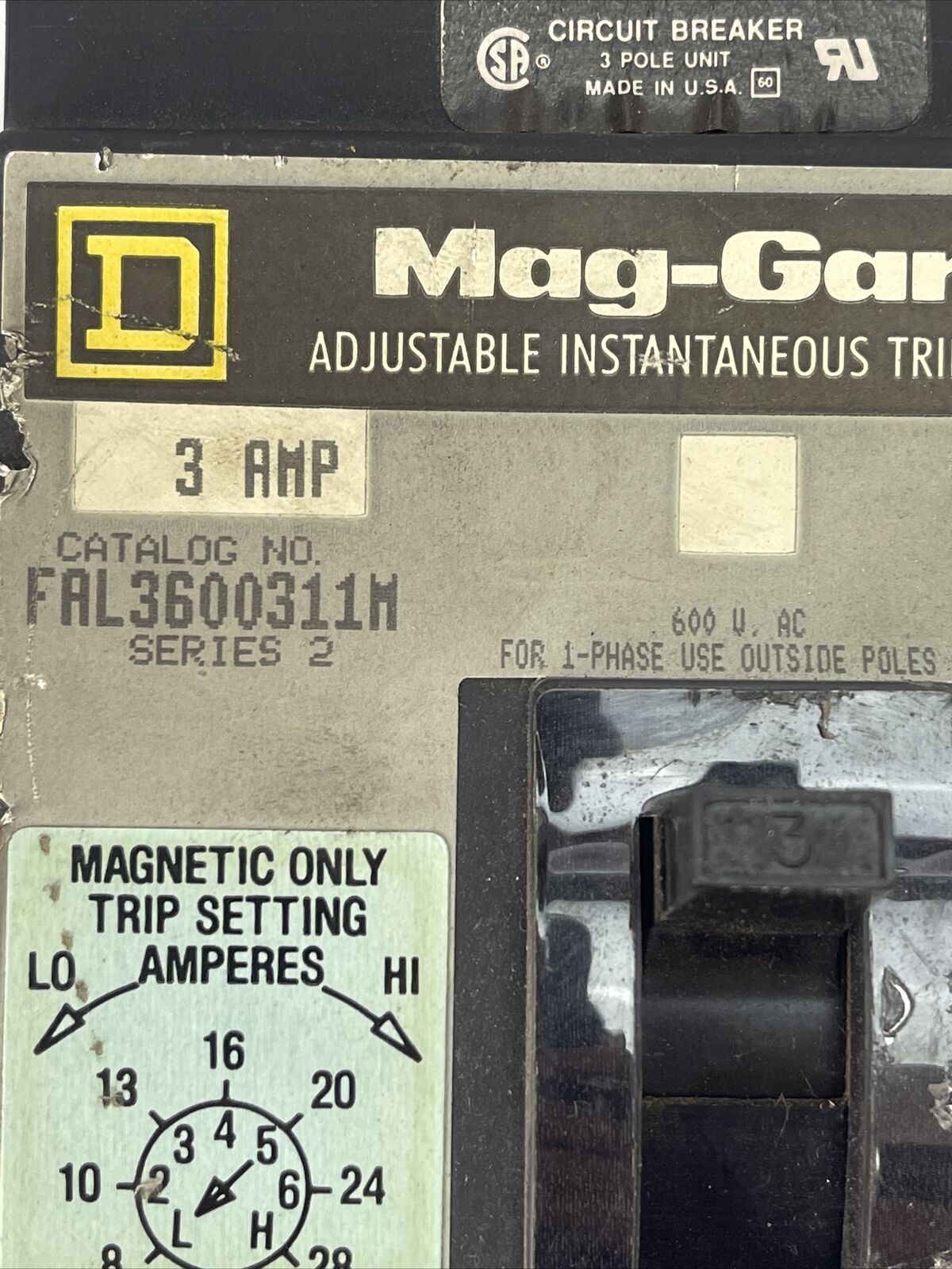 SQUARE D FAL3600311M ADJ. INST. TRIP CIRCUIT BREAKER 3AMP 600VAC 3P SER 2 8-28A
