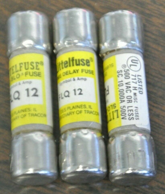 LOT of 3 / LITTELFUSE FLQ-12 SLO-BLO FUSE / 12A / 500V / NEW SURPLUS / FLQ12