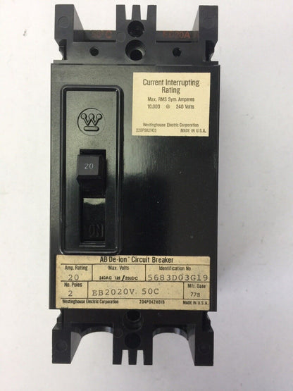 WESTINGHOUSE EB2020V CIRCUIT BREAKER 20AMP 2POLE 240VAC 125/250VDC 5683D03G19