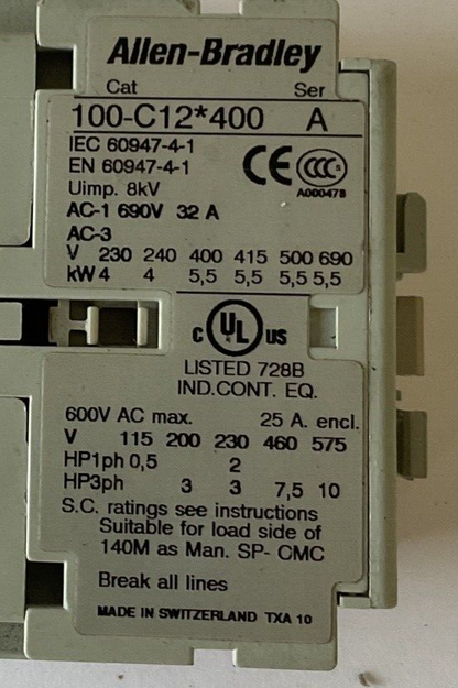ALLEN BRADLEY 100-C12*400 CONTACTOR SER.A 600VAC 25A