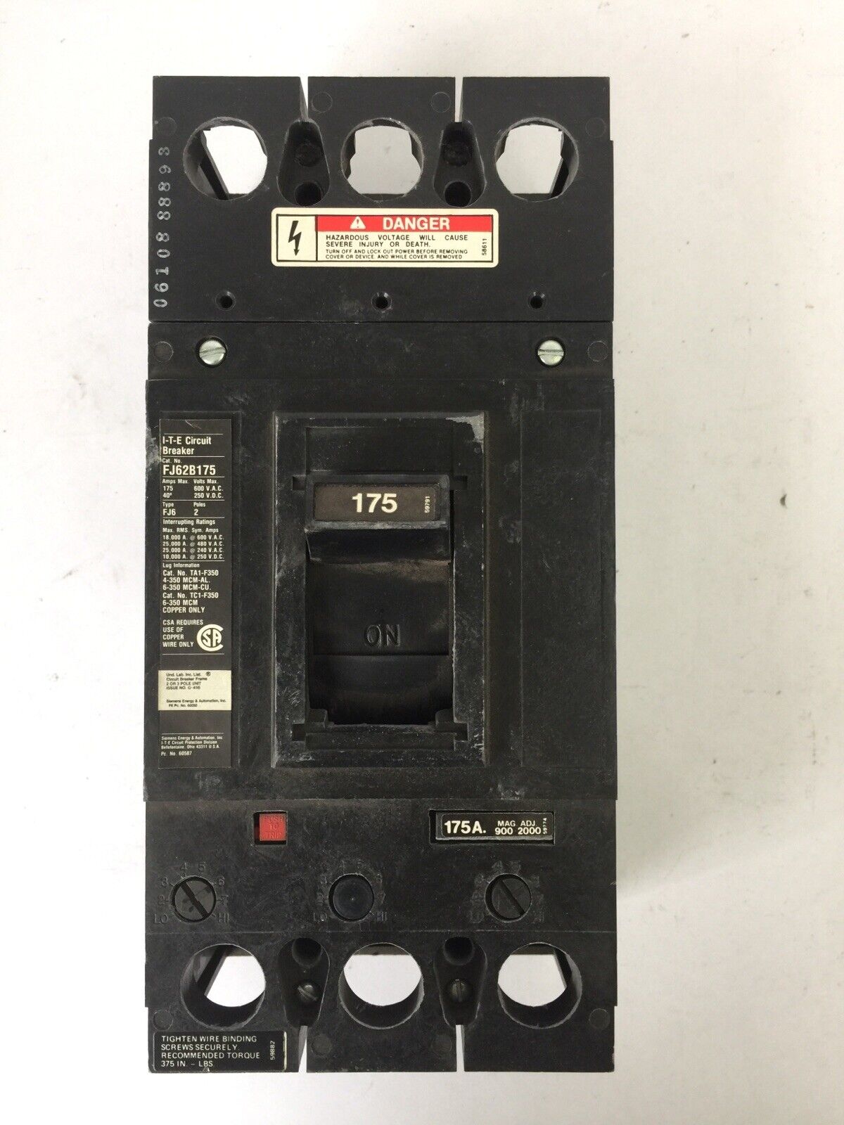 ITE SIEMENS FJ62B175 CIRCUIT BREAKER 600VAC 250VDC 175AMP 2POLE