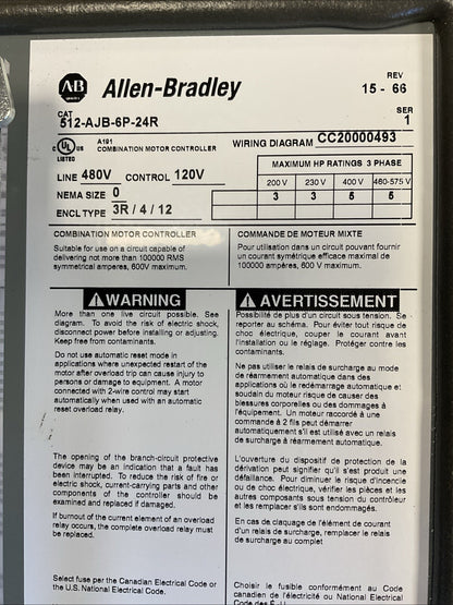 ALLEN BRADLEY 512-AJB-6P-24R COMBINATION STARTER SIZE 0 TYPE 3R, 4, 12