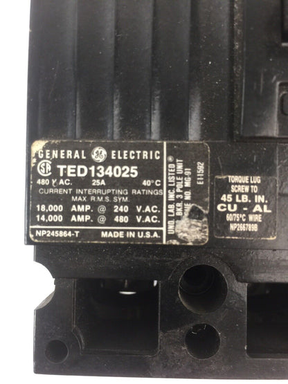 GE TED134025 CIRCUIT BREAKER 25AMP 480VAC 3 POLE