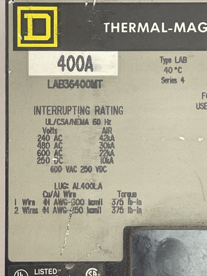 SQUARE D LAB36400MT THERMAL-MAGNETIC CIRCUIT BREAKER 400AMP 600VAC 250VDC 3POLE