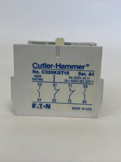 CUTLER HAMMER C320KGT15 AUXILIARY CONTACT SER A1 6A 600VAC 2N.O. 2 N.C. FREEDOM