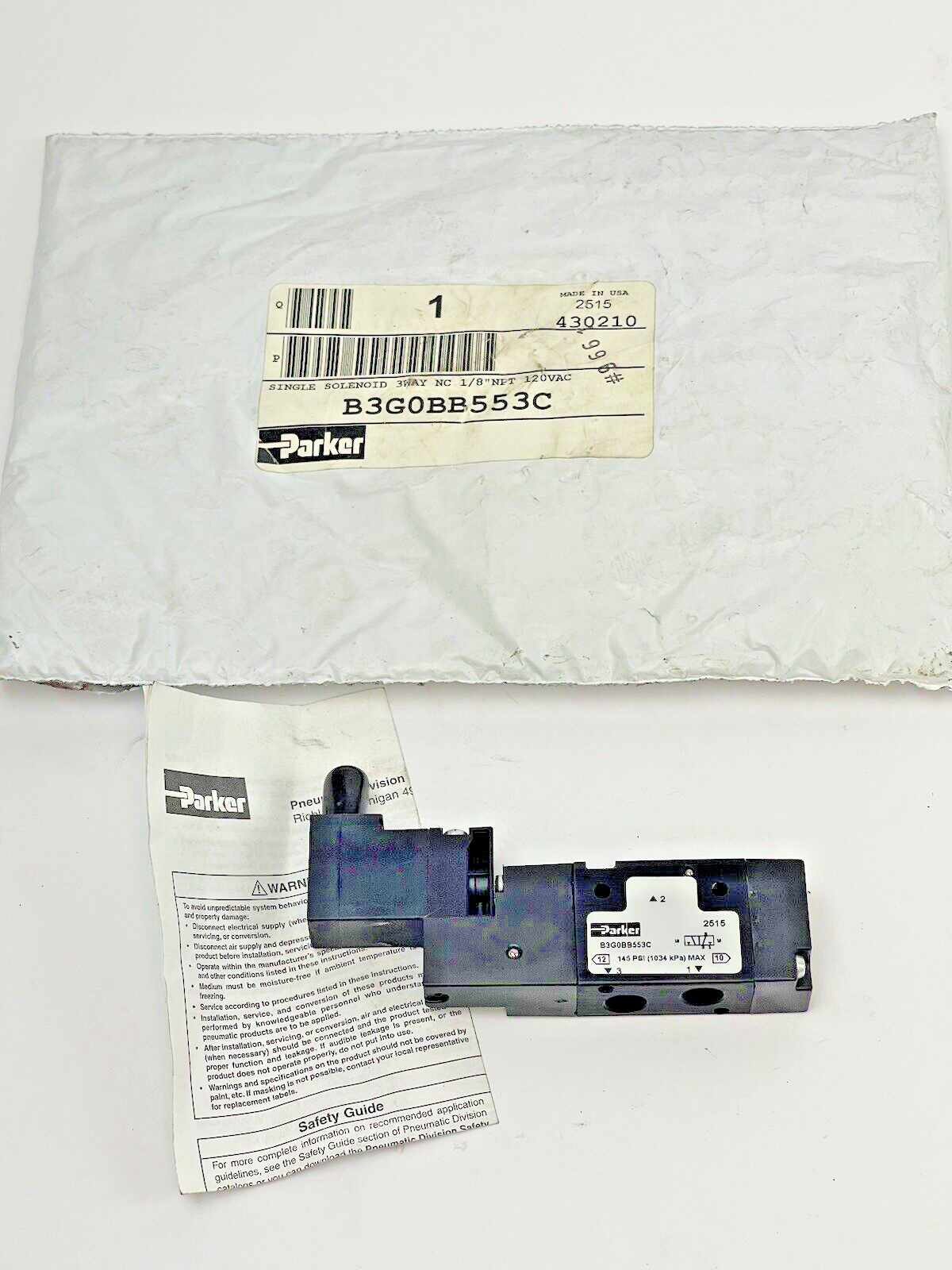 PARKER - B3G0BB553C - SOLENOID VALVE, 1/8IN, NC, 120V,1.6VA,150PSI